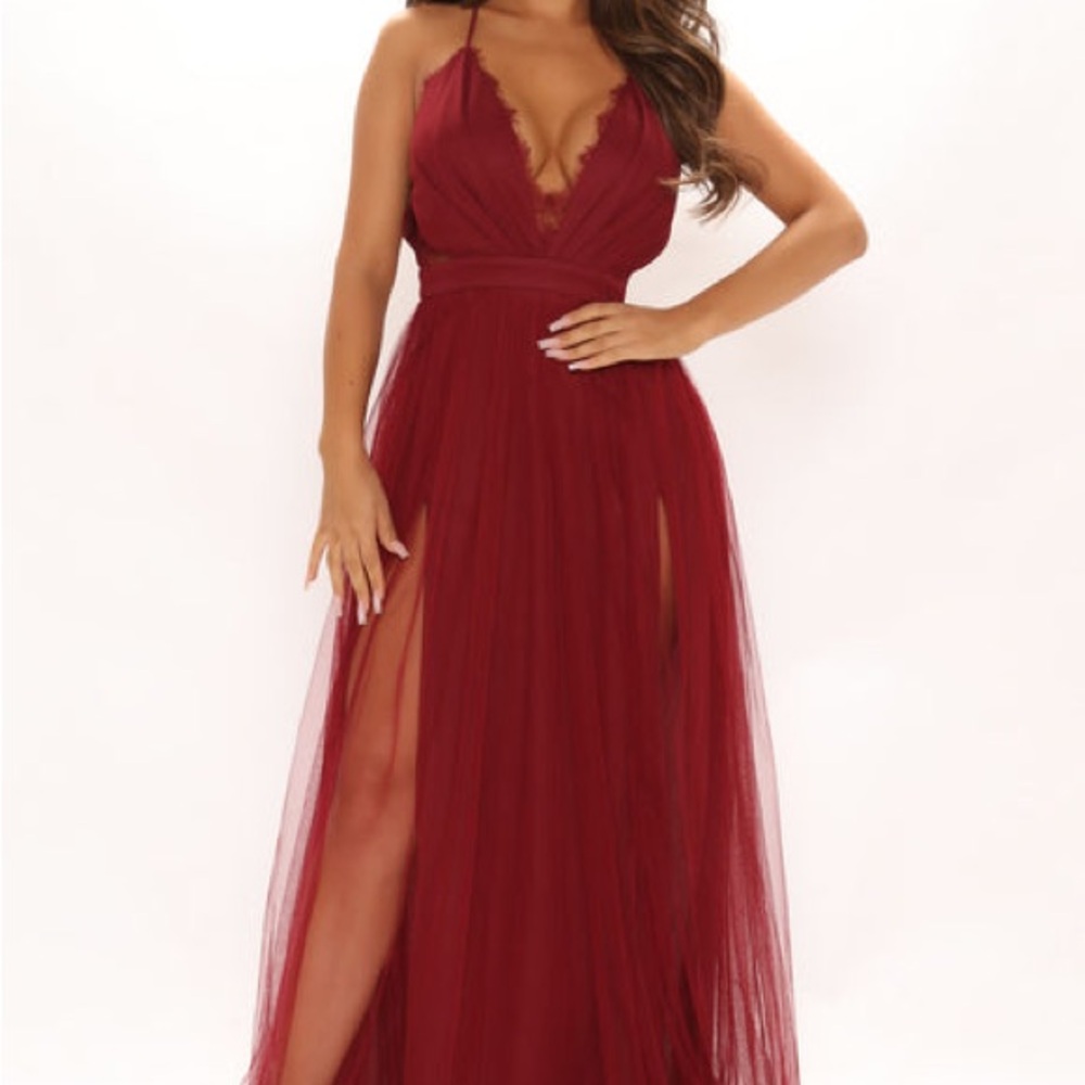 Fashion Nova Red Plunge Slit Maxi Gown